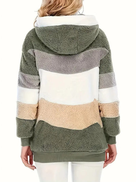 Cozy Colorful Jacket with Hood, Stylish Zippered Drawstring Outerwear for Women