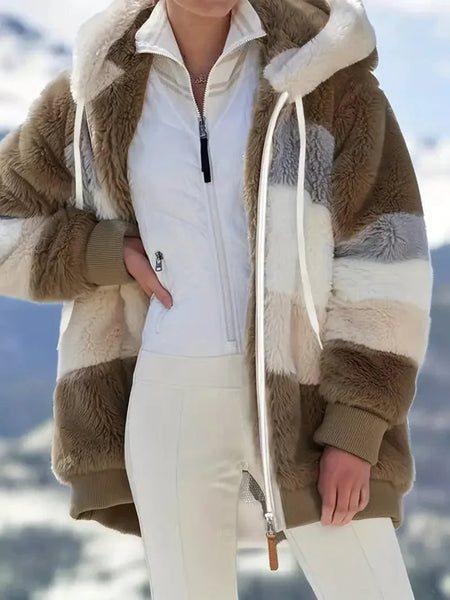Cozy Colorful Jacket with Hood, Stylish Zippered Drawstring Outerwear for Women