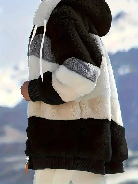 Cozy Colorful Jacket with Hood, Stylish Zippered Drawstring Outerwear for Women