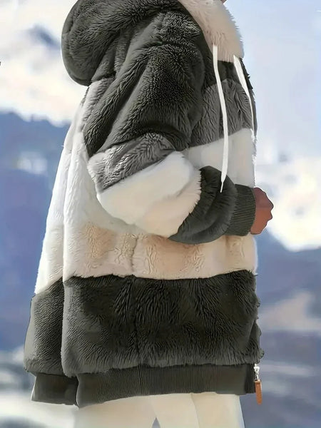 Cozy Colorful Jacket with Hood, Stylish Zippered Drawstring Outerwear for Women