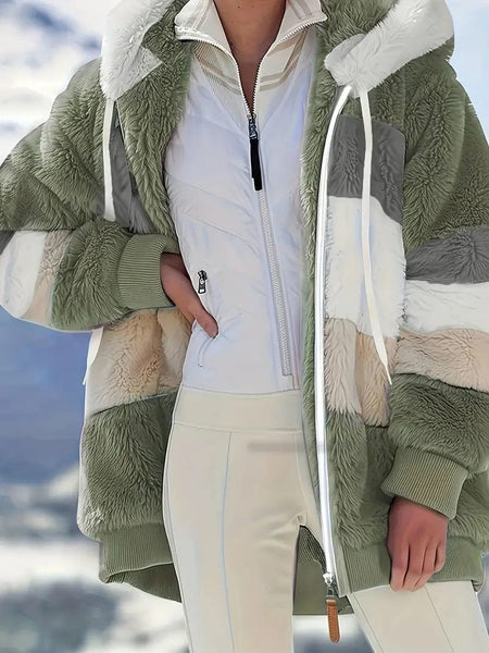 Cozy Colorful Jacket with Hood, Stylish Zippered Drawstring Outerwear for Women