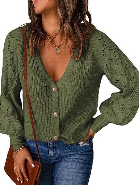 Cozy Diamond Embellished Puff Sleeve Sweater Jacket Women'S Loose Fit Cardigan Sweater