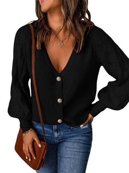 Cozy Diamond Embellished Puff Sleeve Sweater Jacket Women'S Loose Fit Cardigan Sweater