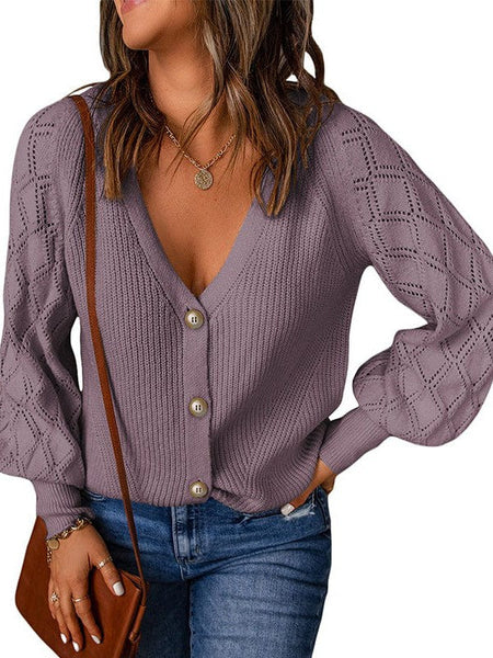 Cozy Diamond Embellished Puff Sleeve Sweater Jacket Women'S Loose Fit Cardigan Sweater