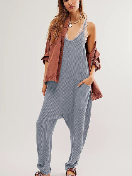 Cozy Gray Ribbed Waffle Knit Spaghetti Strap Jumpsuit