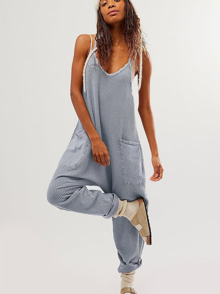 Cozy Gray Ribbed Waffle Knit Spaghetti Strap Jumpsuit