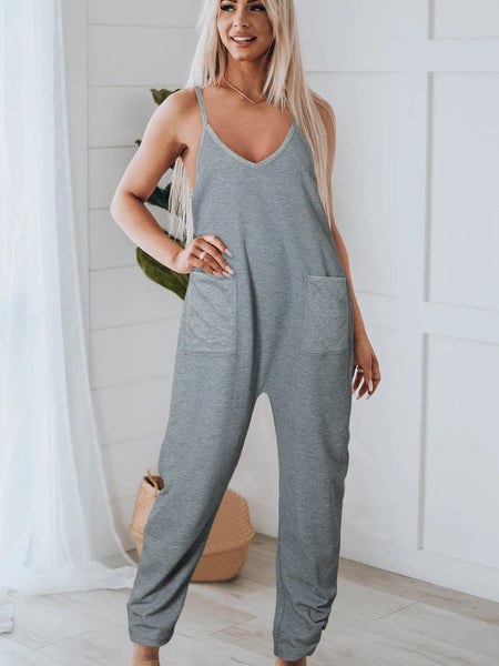 Cozy Gray Ribbed Waffle Knit Spaghetti Strap Jumpsuit