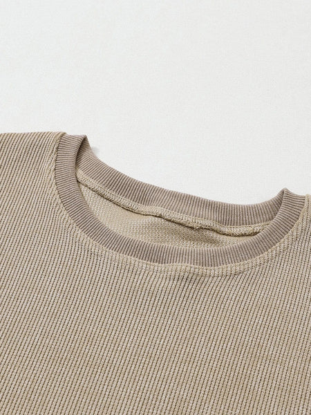 Cozy Khaki Ribbed Knit Pullover Sweatshirt with Round Neck