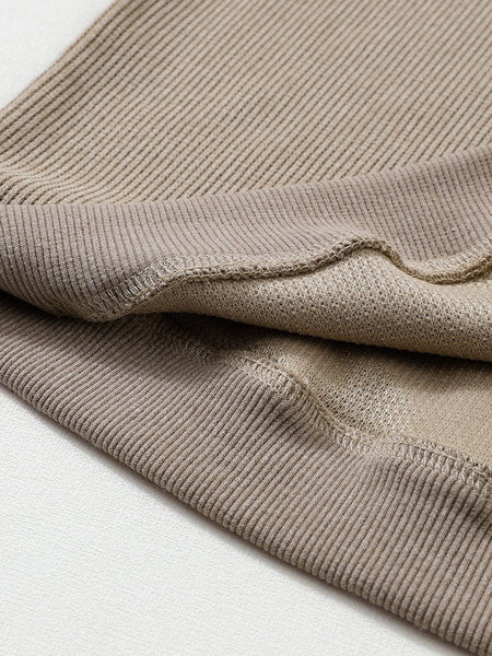 Cozy Khaki Ribbed Knit Pullover Sweatshirt with Round Neck