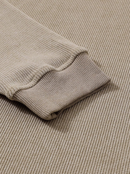 Cozy Khaki Ribbed Knit Pullover Sweatshirt with Round Neck