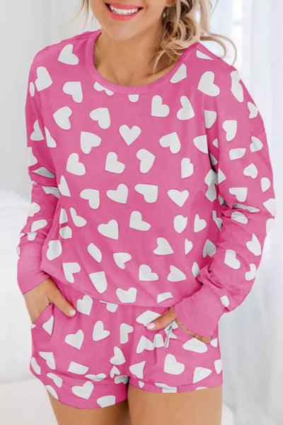 Women's Cozy Pink Heart Print Lounge Set for Romantic Nights