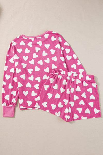 Women's Cozy Pink Heart Print Lounge Set for Romantic Nights