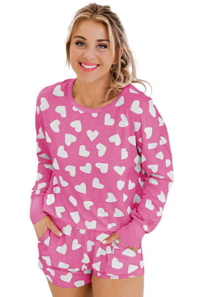 Women's Cozy Pink Heart Print Lounge Set for Romantic Nights