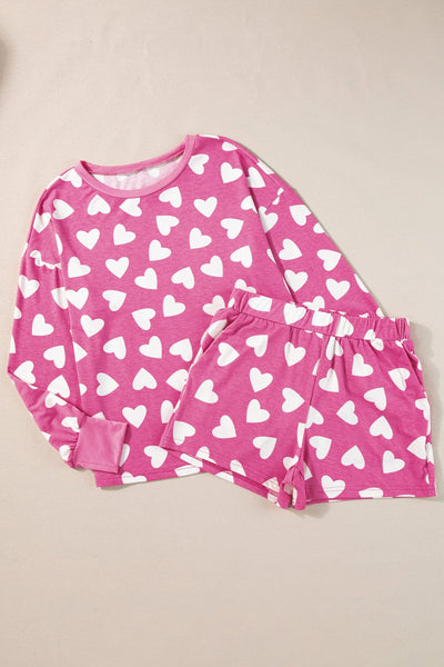 Women's Cozy Pink Heart Print Lounge Set for Romantic Nights