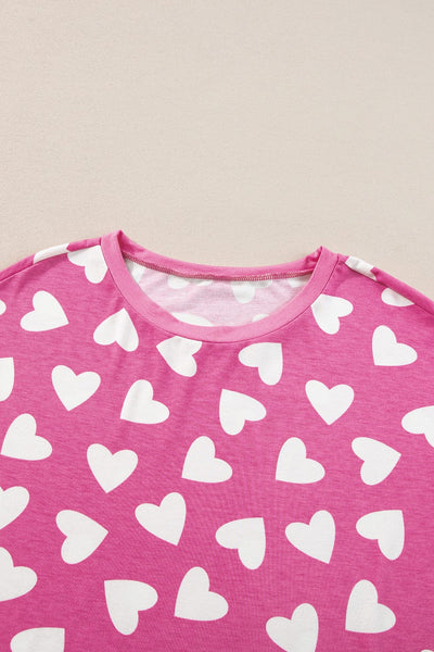 Women's Cozy Pink Heart Print Lounge Set for Romantic Nights