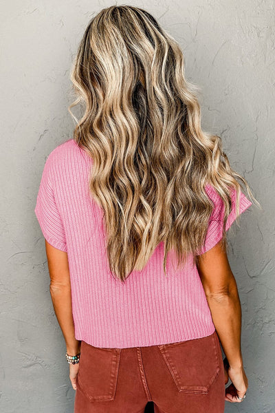 Cozy Pink Ribbed Knit Short Sleeve Sweater with Patch Pocket