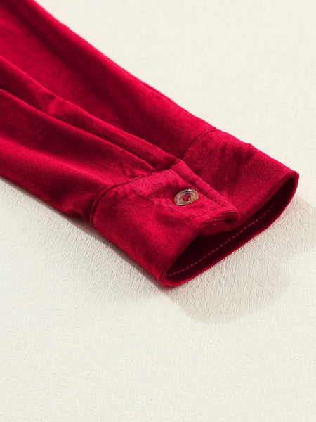 Crimson Long Sleeve Crinkle Velvet Shirt Dress with Ruffle Detail