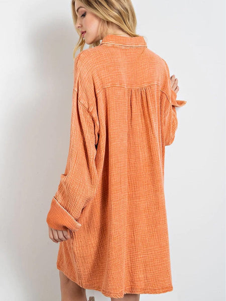 Crinkled Orange Oversized Shirt Dress with Dual Pockets