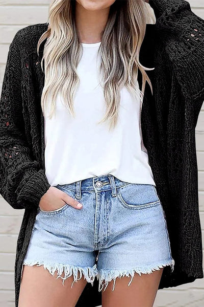 Women's Bohemian Crochet Long Sleeve Knit Cardigan in Jet Black made for easy styling and wardrobe coordination, with premium-like structure and