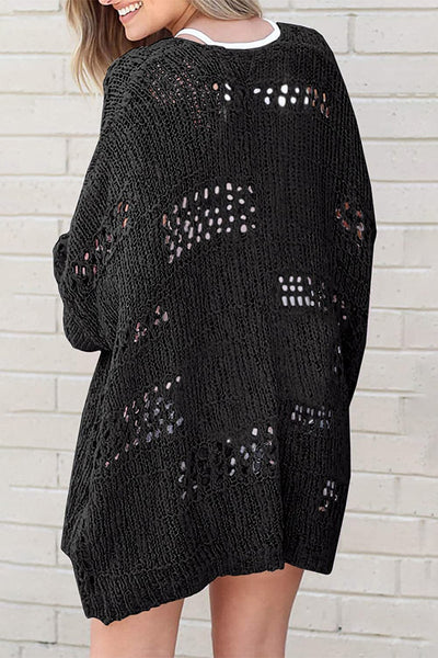 Women's Bohemian Crochet Long Sleeve Knit Cardigan in Jet Black made for easy styling and wardrobe coordination, with premium-like structure and