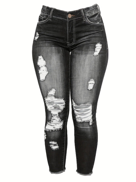 Curvy High Waist Ripped Raw Hem Cropped Skinny Denim Jeans