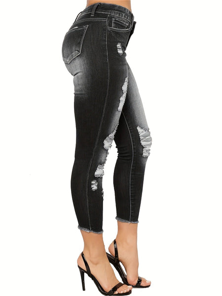Curvy High Waist Ripped Raw Hem Cropped Skinny Denim Jeans