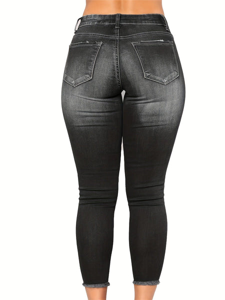 Curvy High Waist Ripped Raw Hem Cropped Skinny Denim Jeans