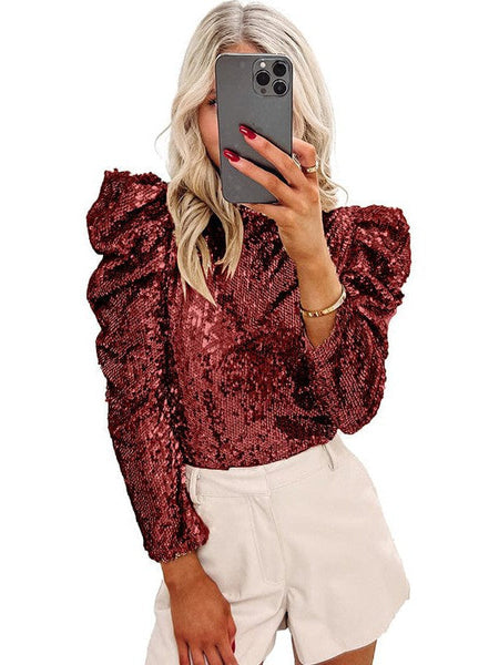 Customized Sequin Embellished Women'S Puff Sleeve Performance Top For Parties