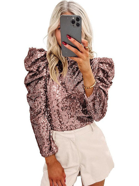 Customized Sequin Embellished Women'S Puff Sleeve Performance Top For Parties