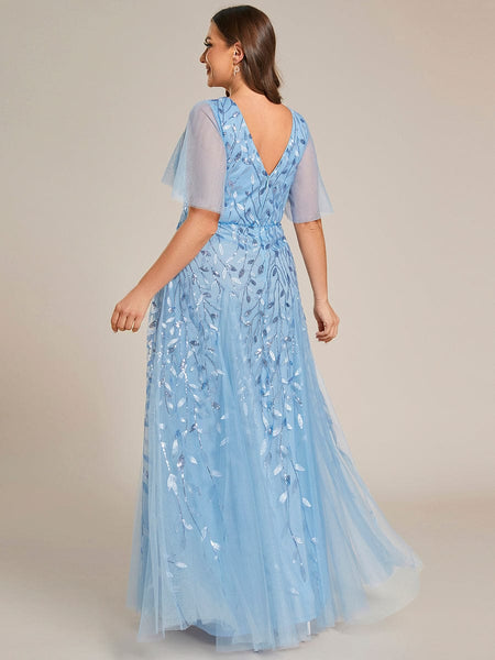 Women's Emerald Leaf Sequin A-Line Plus Size Evening Gown
