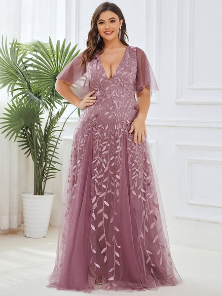 Women's Emerald Leaf Sequin A-Line Plus Size Evening Gown