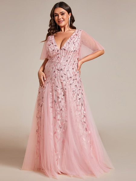 Women's Emerald Leaf Sequin A-Line Plus Size Evening Gown