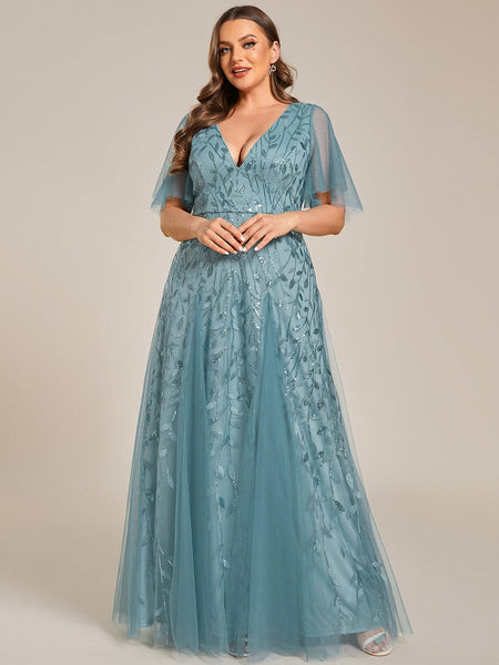 Women's Emerald Leaf Sequin A-Line Plus Size Evening Gown