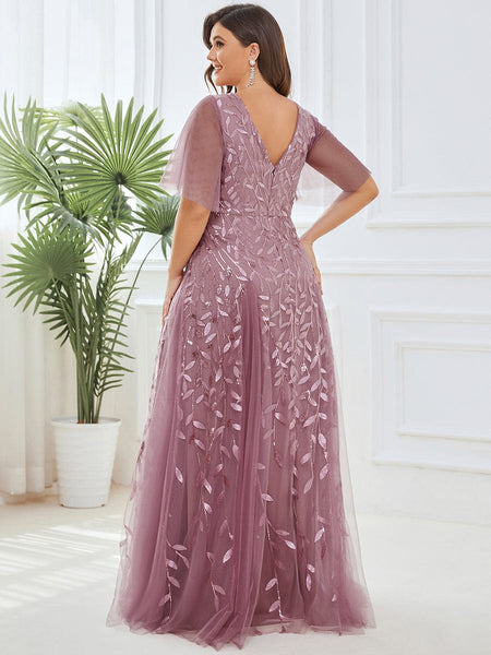 Women's Emerald Leaf Sequin A-Line Plus Size Evening Gown