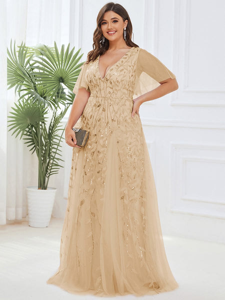 Women's Emerald Leaf Sequin A-Line Plus Size Evening Gown