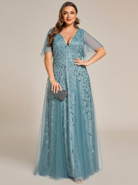 Women's Emerald Leaf Sequin A-Line Plus Size Evening Gown