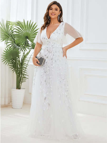 Women's Emerald Leaf Sequin A-Line Plus Size Evening Gown