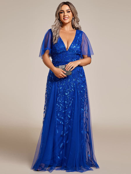 Women's Emerald Leaf Sequin A-Line Plus Size Evening Gown