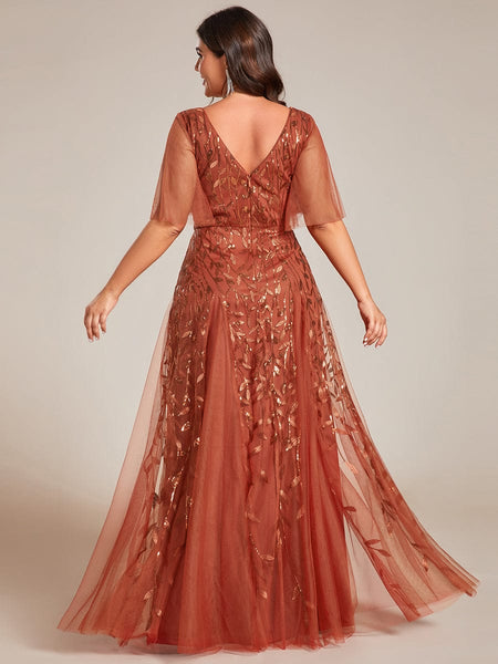 Women's Emerald Leaf Sequin A-Line Plus Size Evening Gown