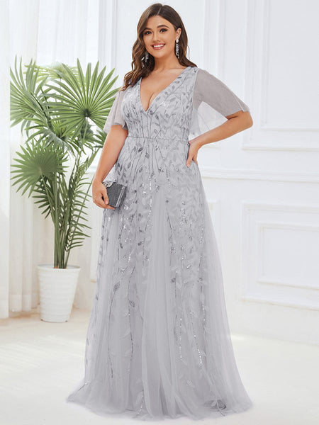 Women's Emerald Leaf Sequin A-Line Plus Size Evening Gown