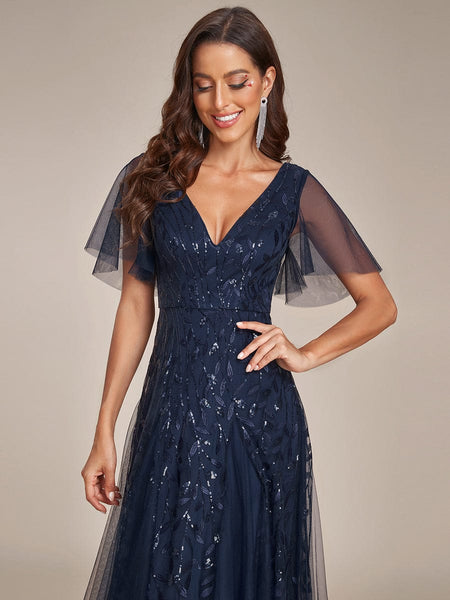 Women's Emerald Leaf Sequin A-Line Plus Size Evening Gown