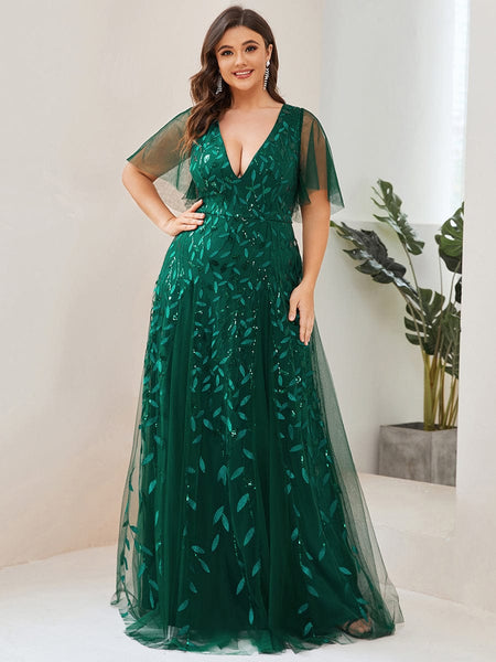 Women's Emerald Leaf Sequin A-Line Plus Size Evening Gown