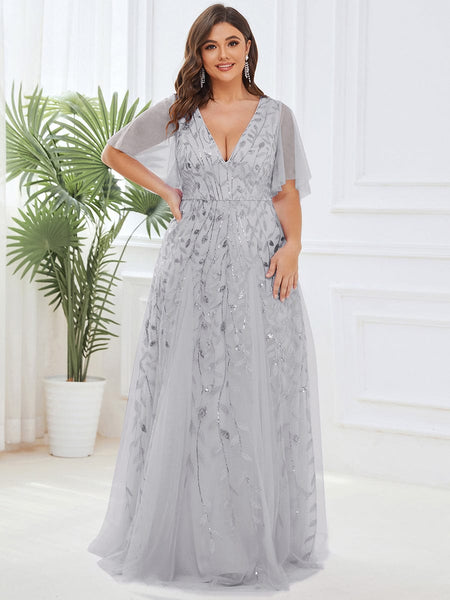 Women's Emerald Leaf Sequin A-Line Plus Size Evening Gown