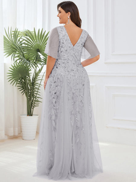 Women's Emerald Leaf Sequin A-Line Plus Size Evening Gown