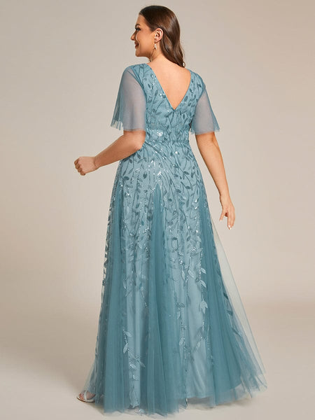 Women's Emerald Leaf Sequin A-Line Plus Size Evening Gown