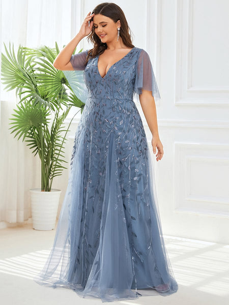 Women's Emerald Leaf Sequin A-Line Plus Size Evening Gown