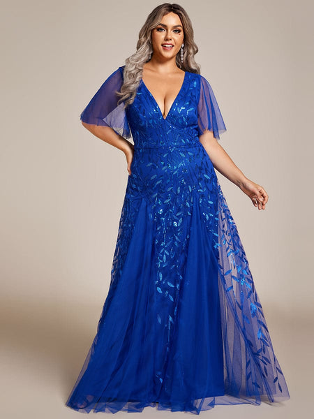 Women's Emerald Leaf Sequin A-Line Plus Size Evening Gown
