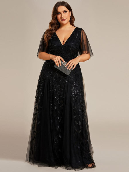 Women's Emerald Leaf Sequin A-Line Plus Size Evening Gown