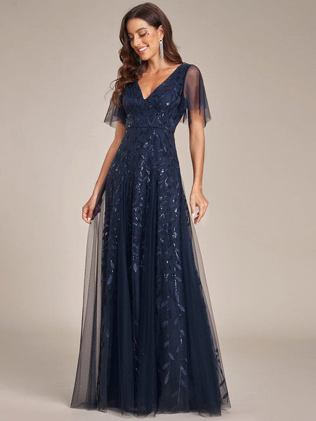Women's Emerald Leaf Sequin A-Line Plus Size Evening Gown