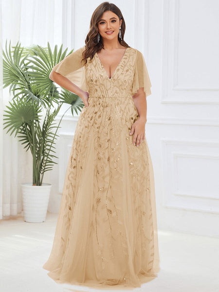 Women's Emerald Leaf Sequin A-Line Plus Size Evening Gown